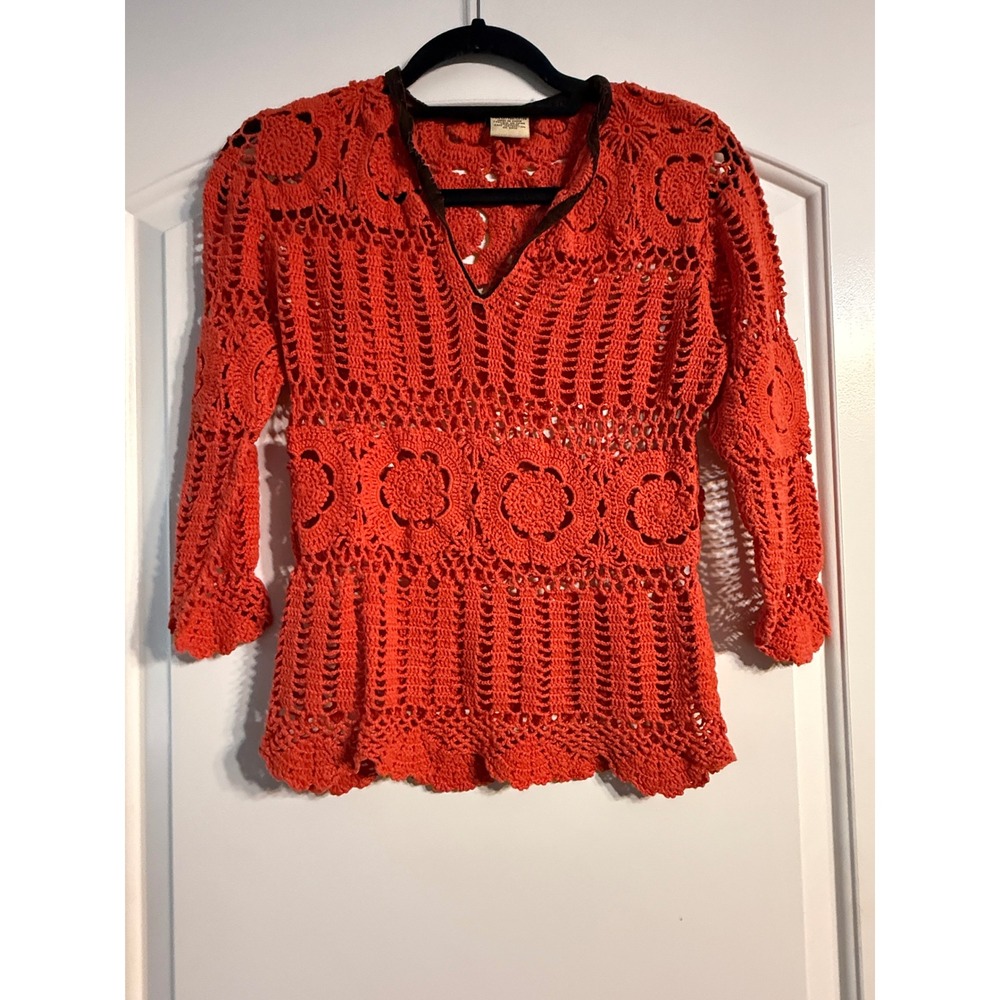 Unbranded Crochet Top L/XL Orange Boho Floral Medallion V-Neck Cottagecore